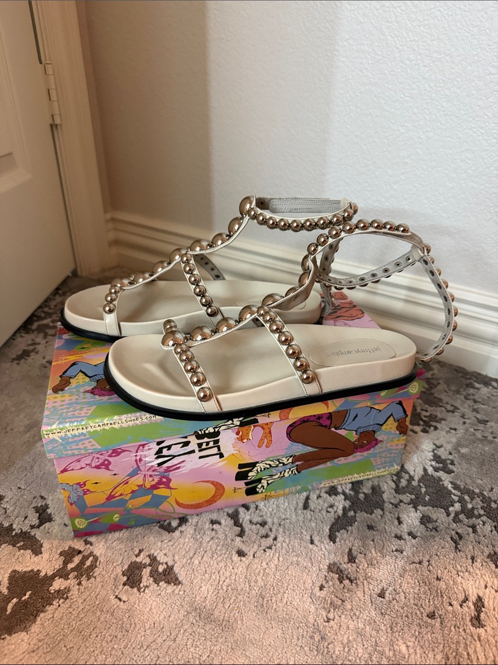 Jeffrey Campbell “Minnow - St” Cream Silver-Stud Gladiator Sandals